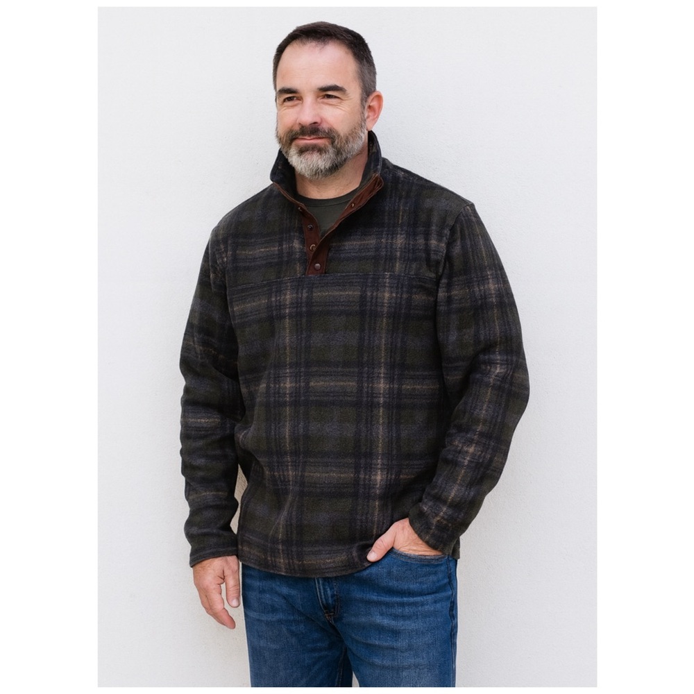 VINTAGE John Wayne green blue plaid fleece pop-over collared jacket M